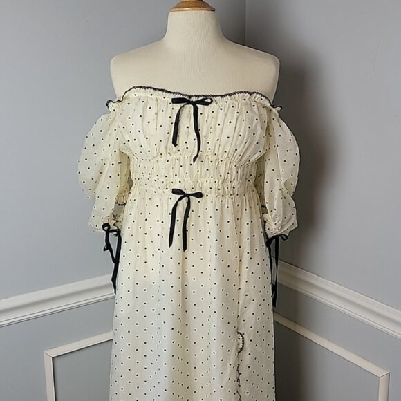 FOR LOVE & LEMONS NeW Eden Midi Ivory Black Heart Smocked Coquette Peasant Dress - Picture 2 of 9